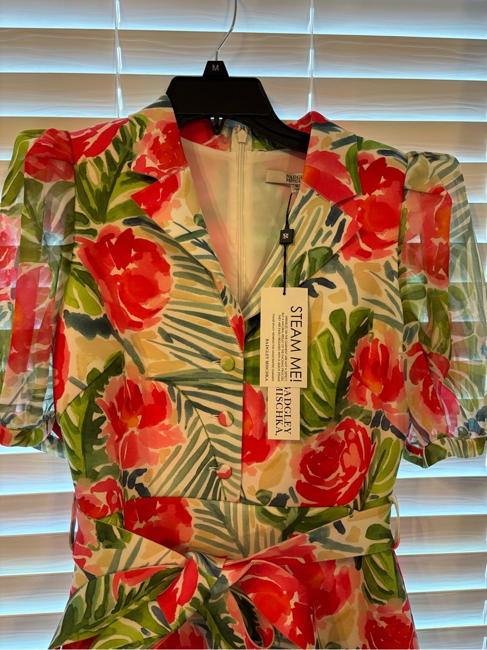 Badgley Mischka Pink & Green Floral Tie-Waist Dress